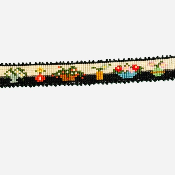 Hand Crafted Jewelry - Handmade handcrafted potted flowers on black beaded loomed bracelet adjustable